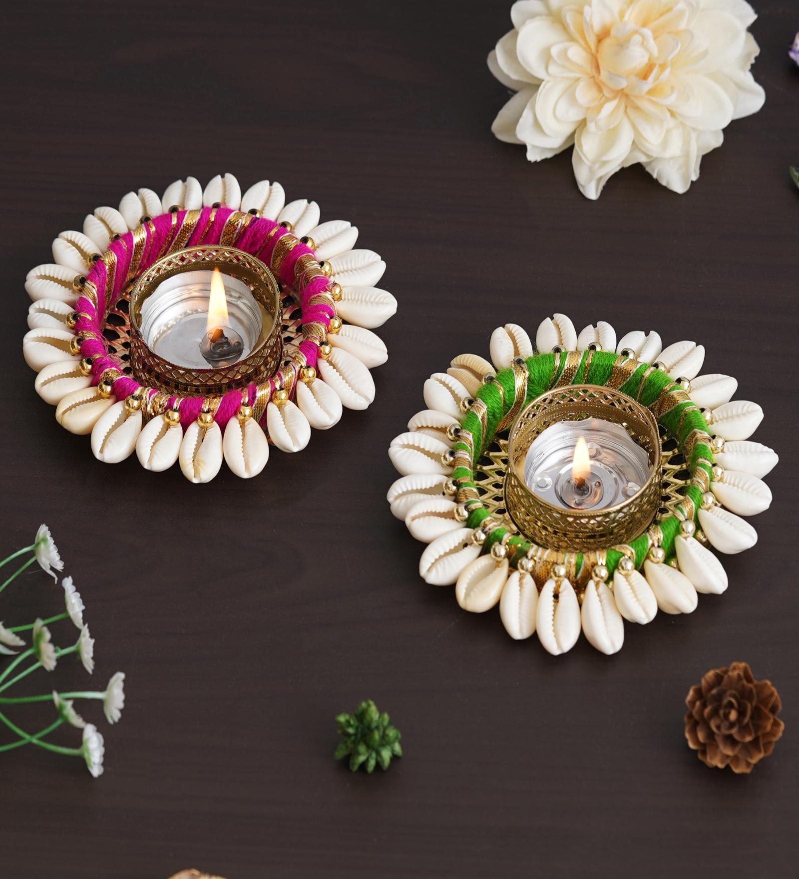Pink & Green Cowrie Shell (Set of 2) Decorative Metal Tea Light Holders