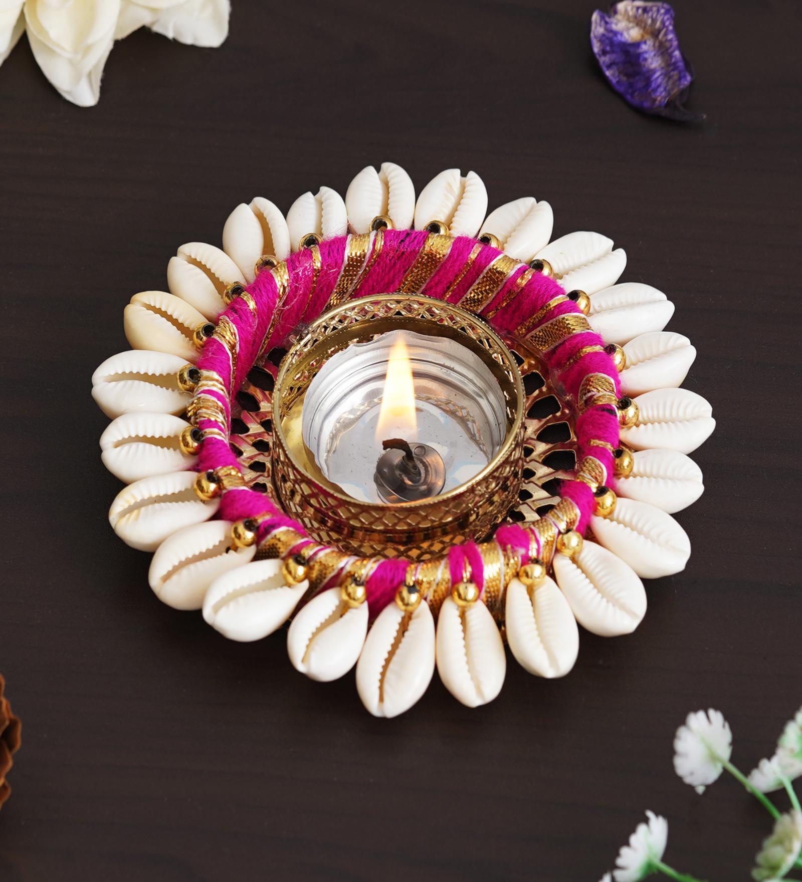 Pink and White Cowrie Shell Decorative Metal Tea Light Holder