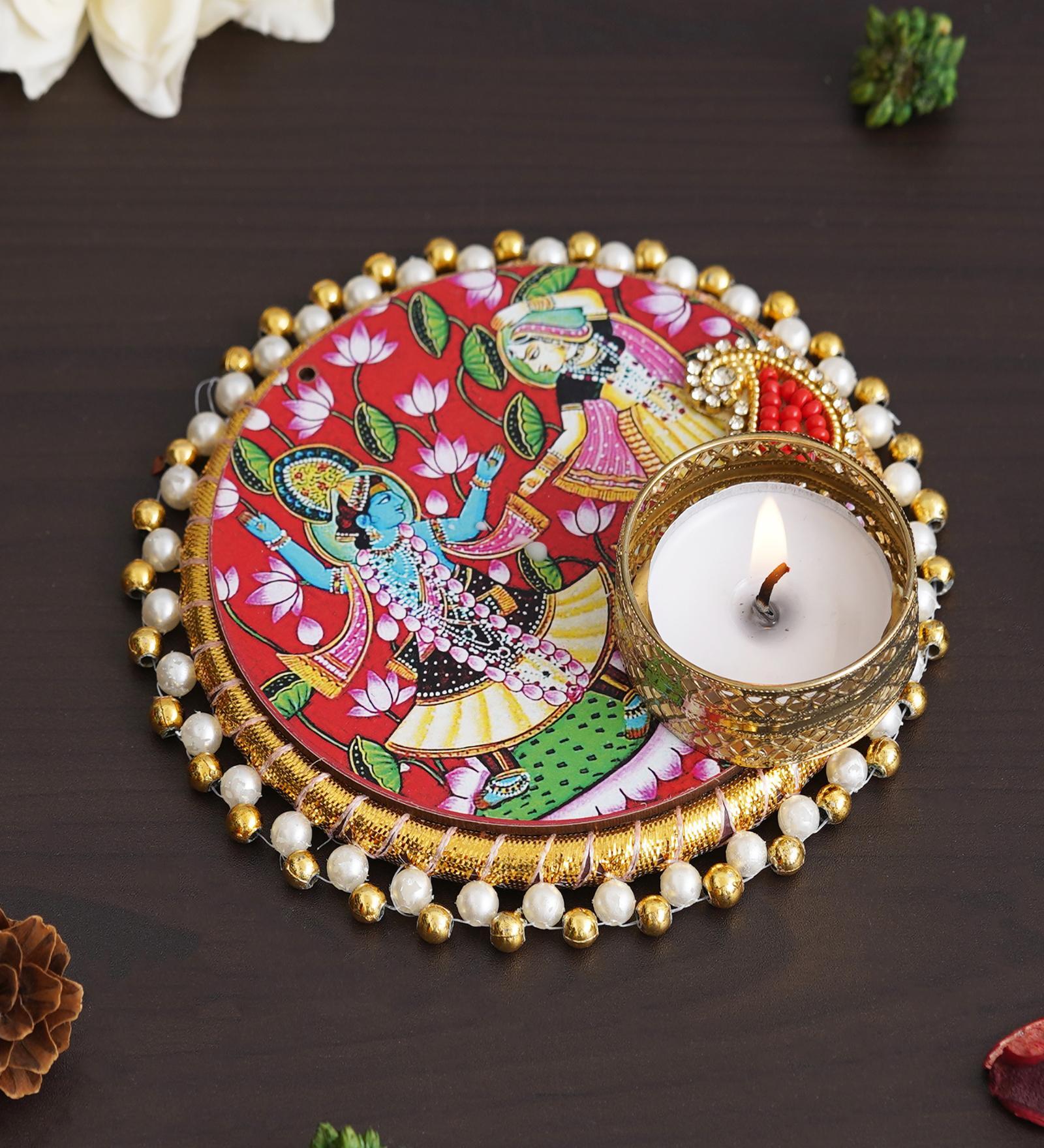 Radha Krishna Raas Leela Dancing On Lotus Flower Design Religious Decorative Plate Tealight Candle Holder