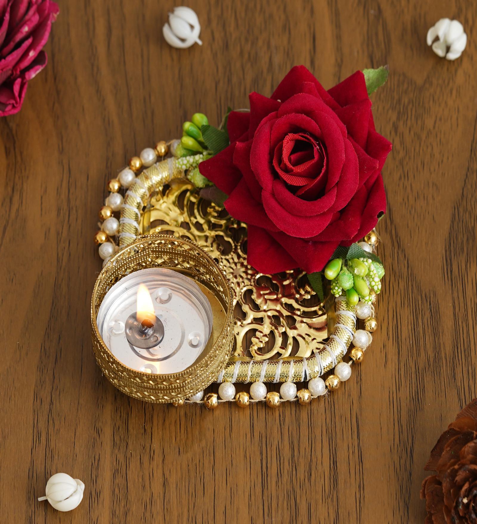 Red Rose Flower and Beads Embellished Handcrafted Decorative Metal Plate Tea Light Candle Holder