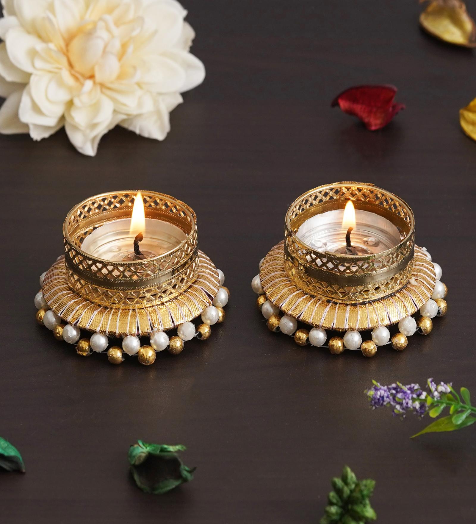 Golden & White Round Shaped Beaded (Set of 2) Decorative Tea Light Holders
