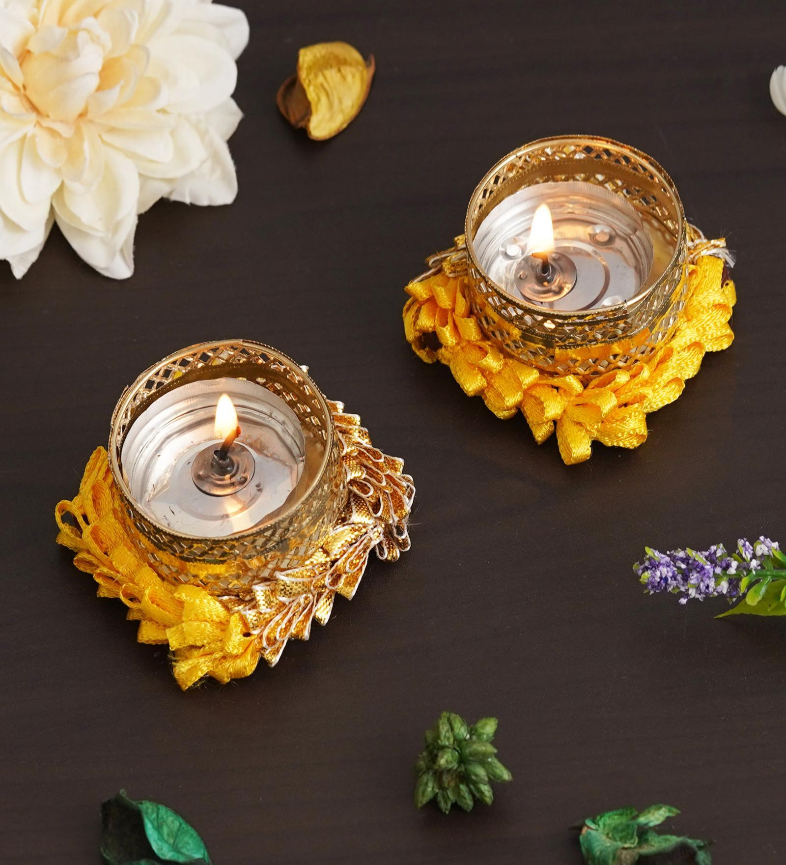 Yellow and Golden Handcrafted Decorative (Set of 2) Tea Light Holders