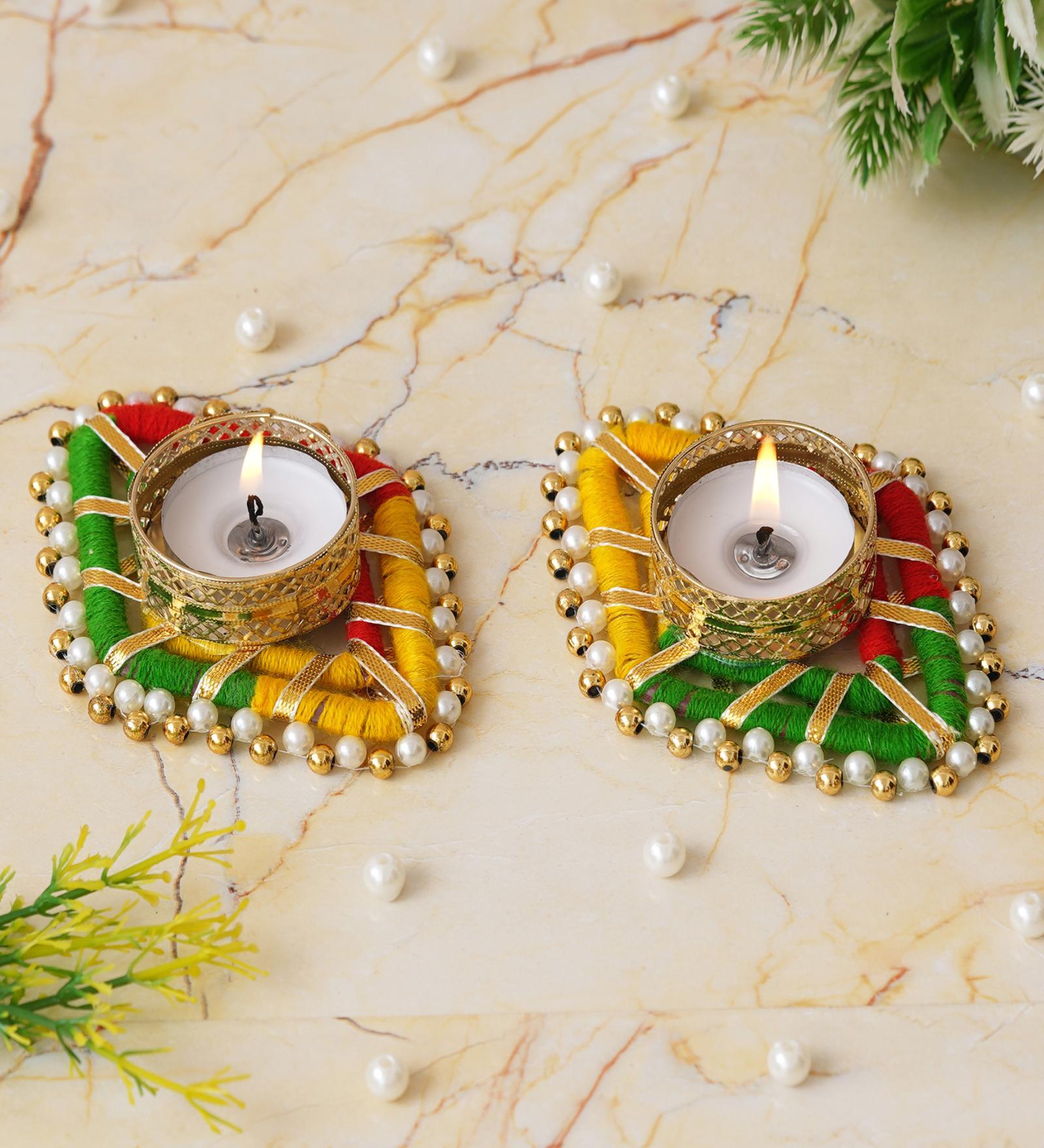 Multicolour Traditional Handcrafted Beaded (Set of 2) Decorative Tea Light Holders