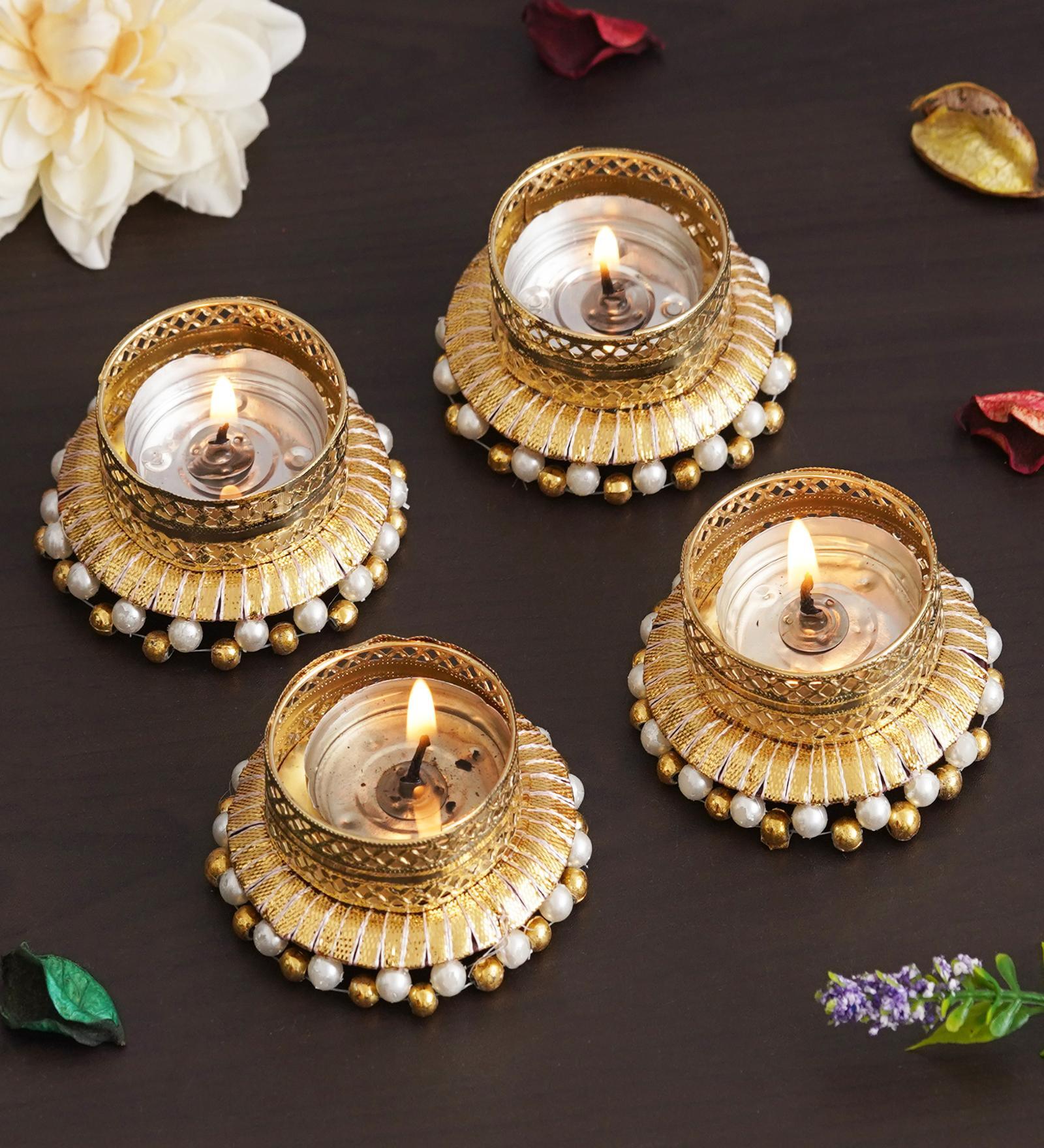 Golden & White Round Shaped Beaded (Set of 4) Decorative Tea Light Holders
