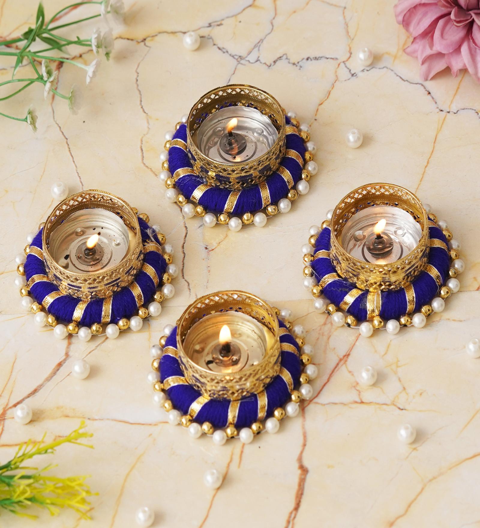 Golden and Blue Round Shaped Beaded (Set of 4) Decorative Tea Light Holders