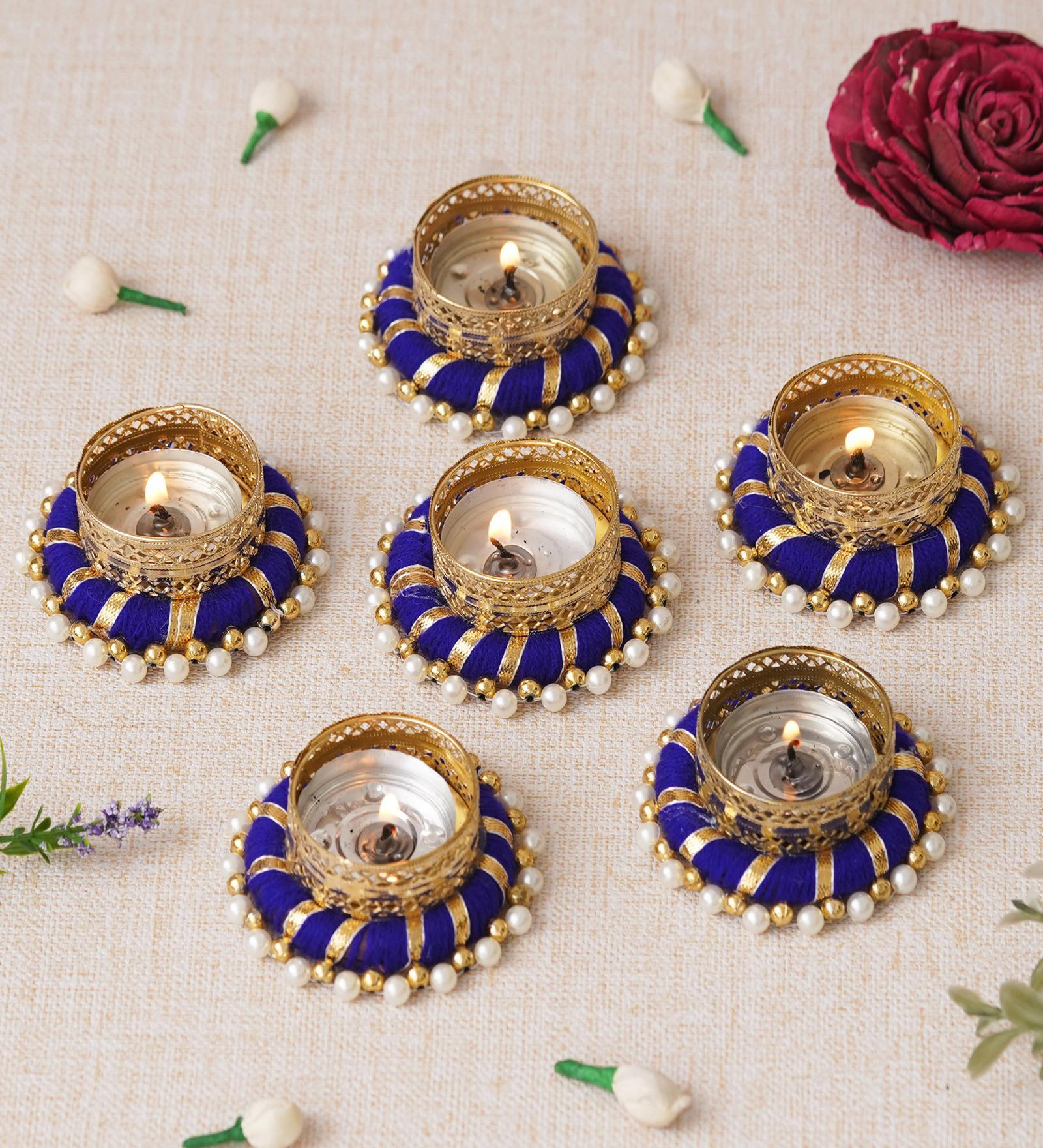 Blue & Golden Round Shaped Beaded (Set of 6) Decorative Tea Light Holders