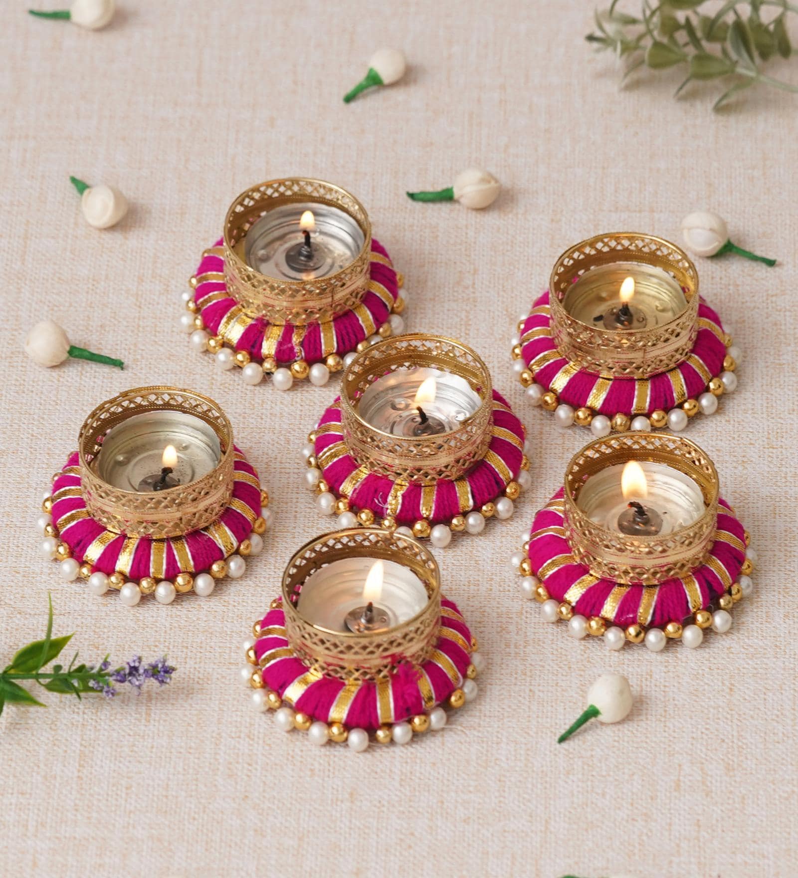 Pink & Golden Round Shaped Beaded Decorative (Set of 6) Tea Light Holders