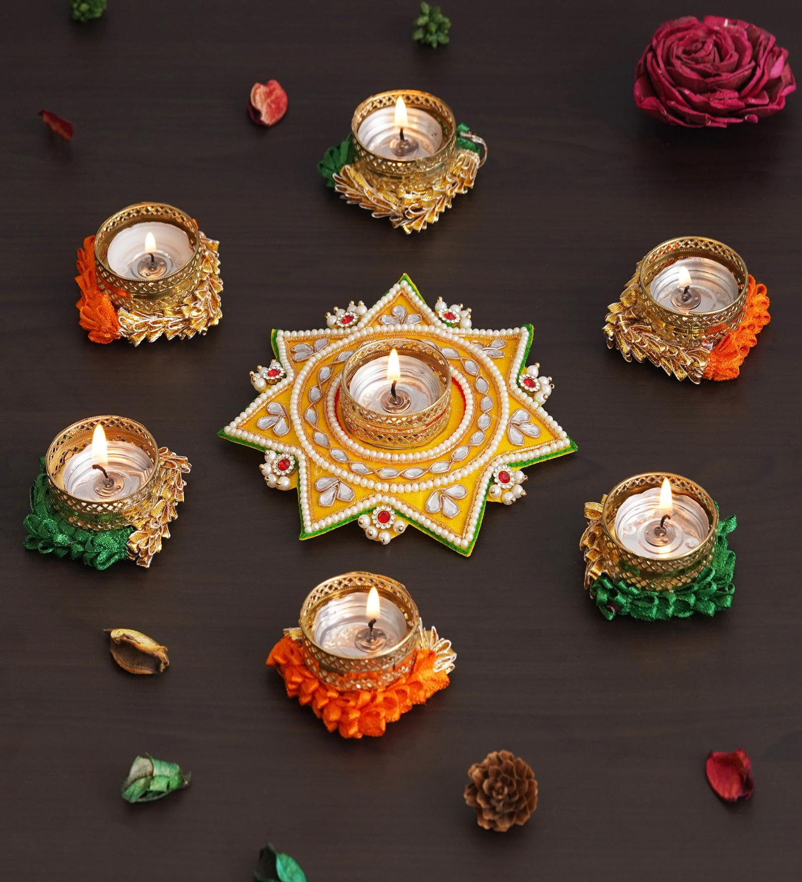 Round and Star Shaped Diamond Beads and Pearls (Set of 7) Decorative Tea Light Holders