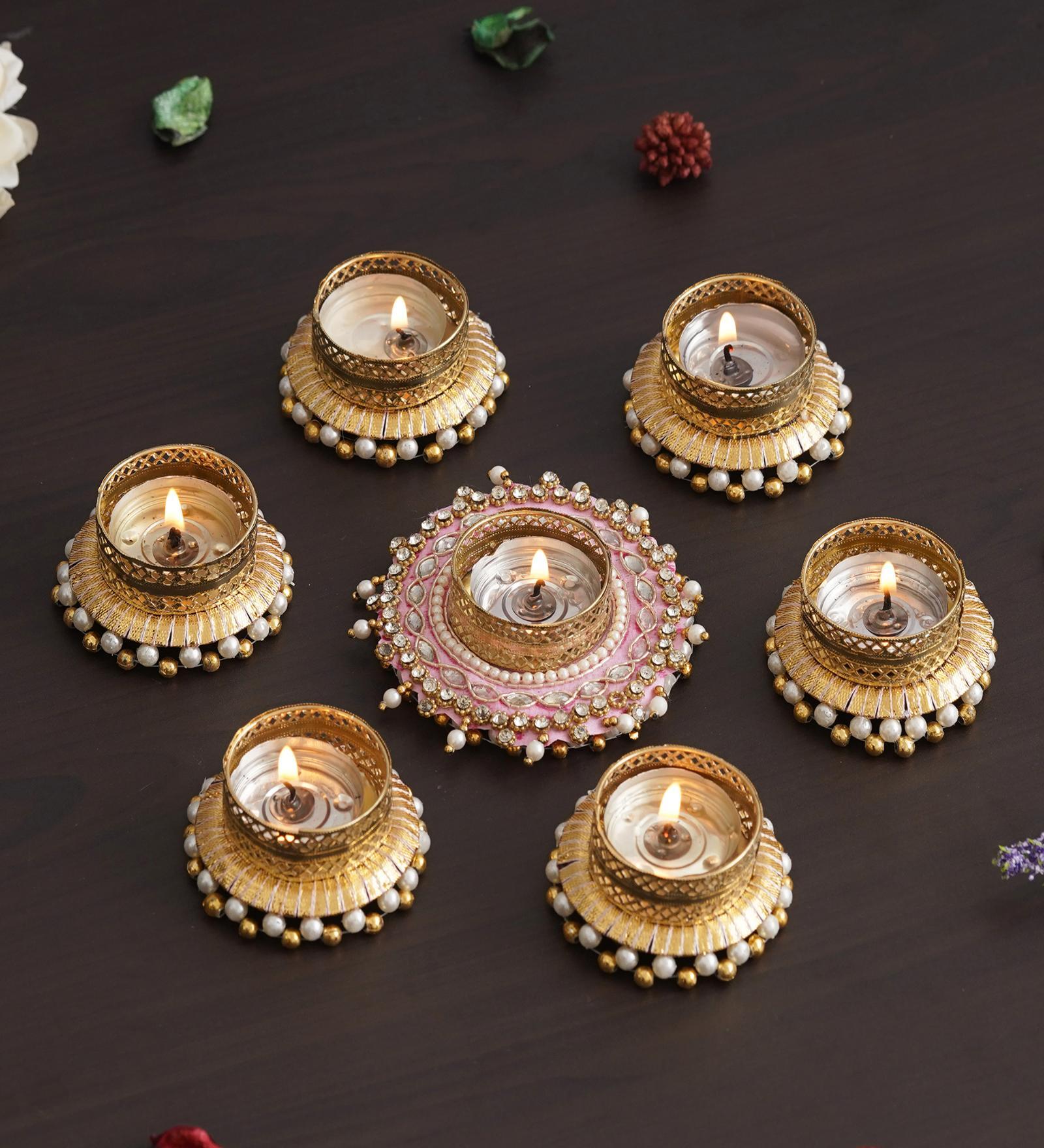 Round Shaped Diamond Beads and Pearls (Set of 7) Decorative Tea Light Holders