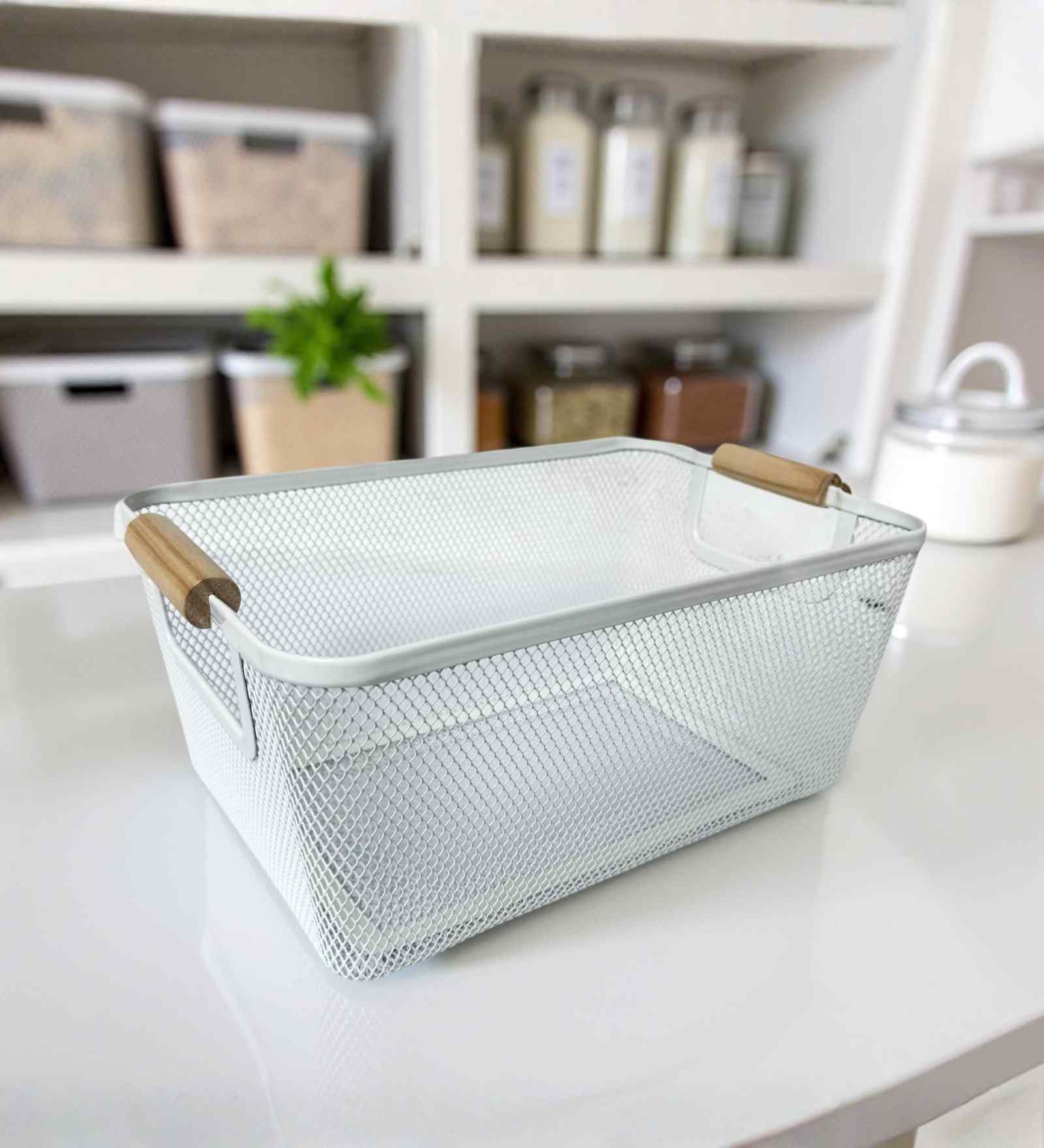 Ecru White Powder-Coated Metal Mesh Storage Basket