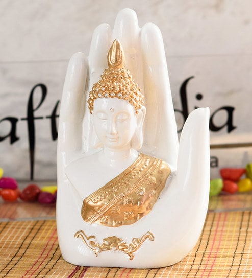 eCraftIndia Decorative Palm Buddha Figurine Showpiece - 17 cm (Polyresin, White)
