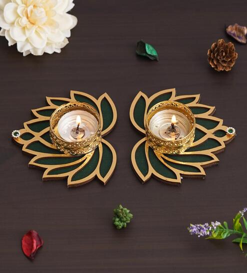 Golden and Green Beautiful Lotus (Set of 2) Tea Light Holders