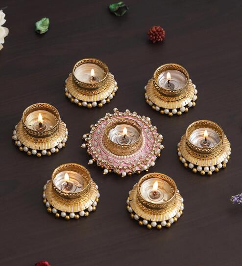 Round Shaped Diamond Beads and Pearls (Set of 7) Decorative Tea Light Holders