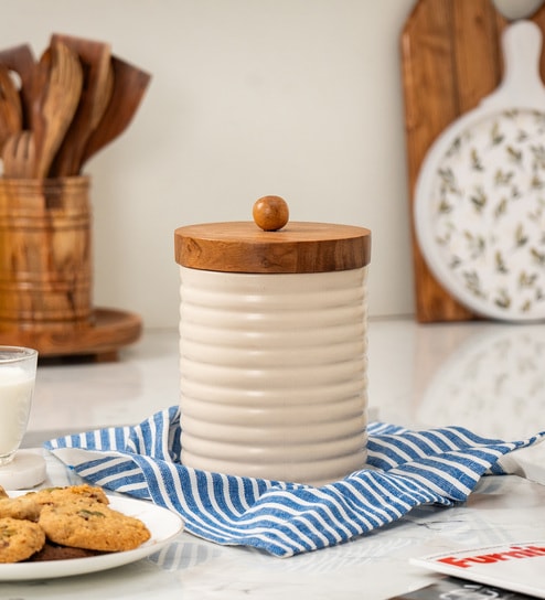 Ecru Canister Ceramic Storage Jar with Acacia Wood Lid