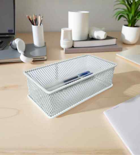 Ecru White Metal Mesh Desk Organizer Tray