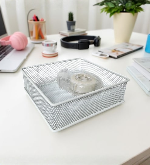 Ecru White Stackable Metal Mesh Storage Basket