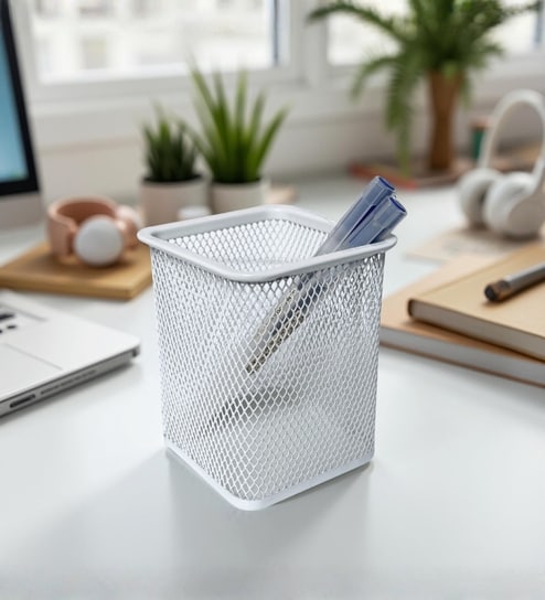 Ecru White Square Metal Mesh Pen Stand