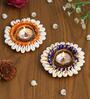 Orange & Blue Cowrie Shell (Set of 2) Decorative Metal Tea Light Holders