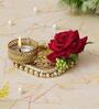 Red Rose Flower and Beads Embellished Handcrafted Decorative Metal Plate Tea Light Candle Holder