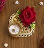 Red Rose Flower and Beads Embellished Handcrafted Decorative Metal Plate Tea Light Candle Holder