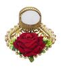Red Rose Flower and Beads Embellished Handcrafted Decorative Metal Plate Tea Light Candle Holder