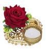 Red Rose Flower and Beads Embellished Handcrafted Decorative Metal Plate Tea Light Candle Holder