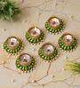 Green & Golden Round Shaped Beaded (Set of 6) Decorative Tea Light Holders