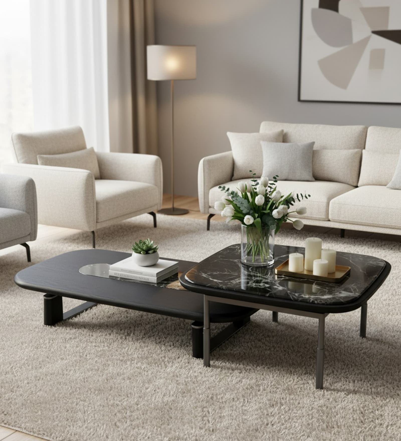 Edison Metal Nesting Coffee Table Set in Black Finish with Black Marble Top 