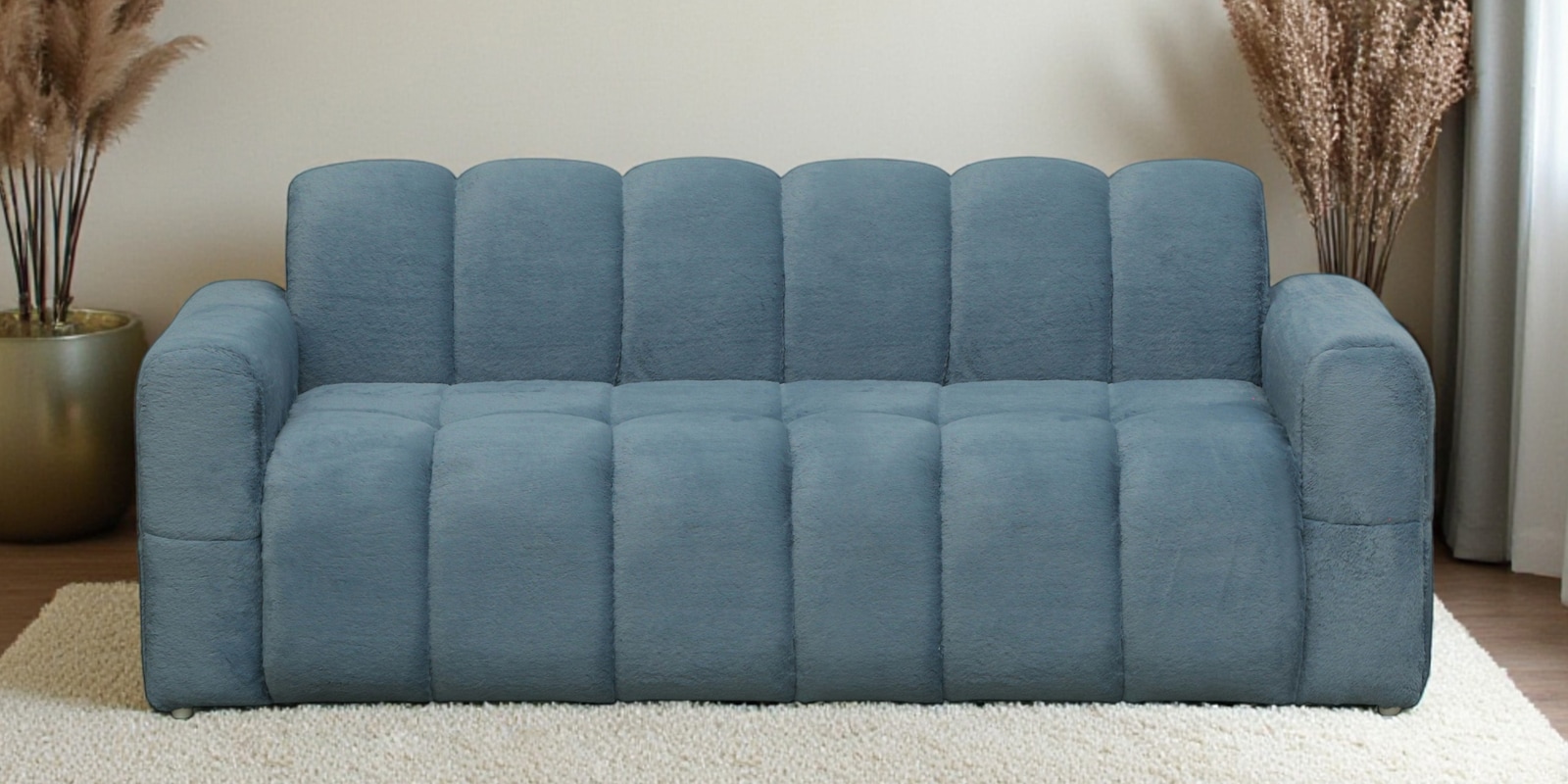 Edelmira Faux Fur Fabric 3 Seater Sofa In Slate Blue Colour