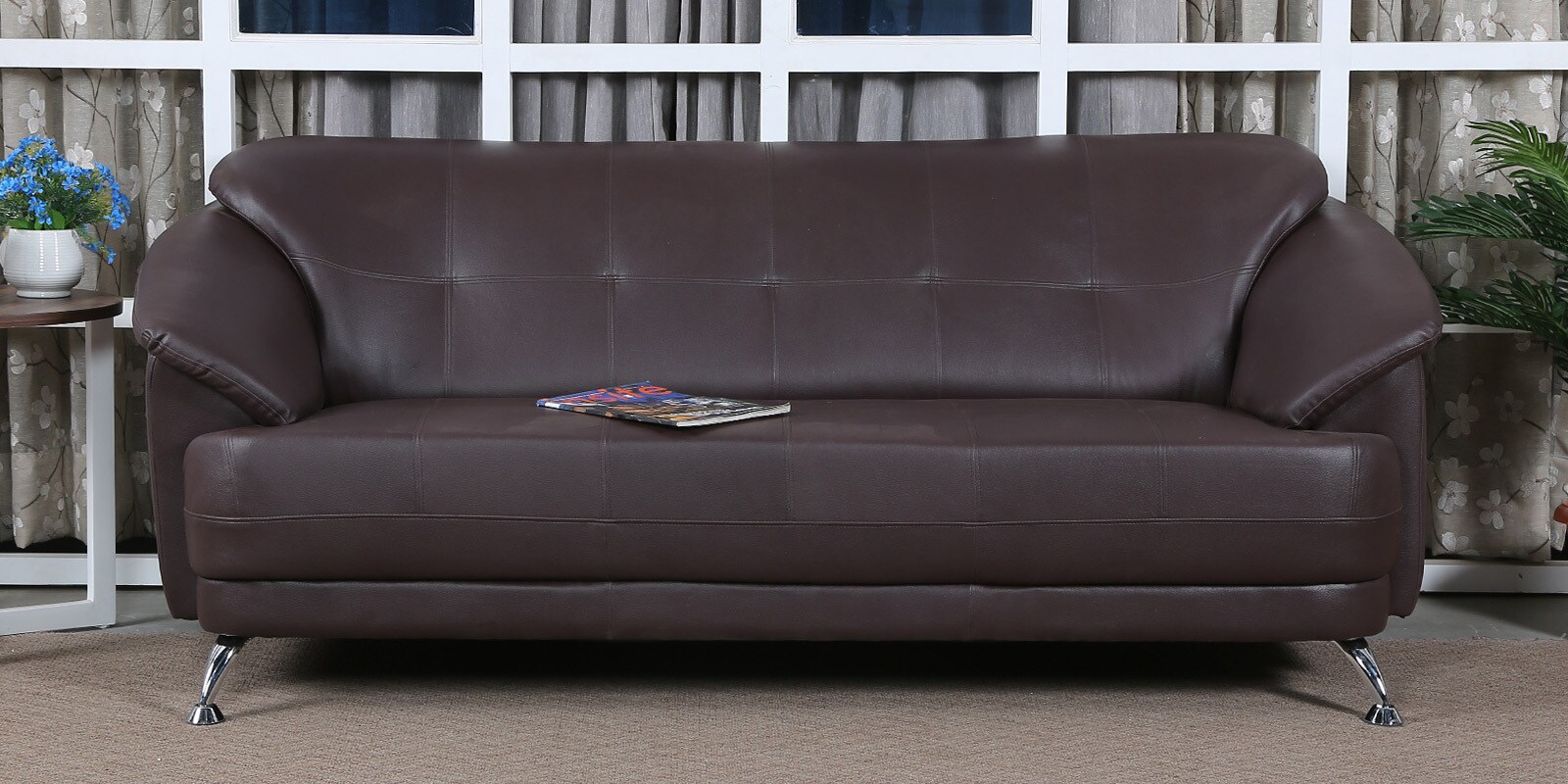 Edo Leatherette 3 Seater Sofa in Brown Colour