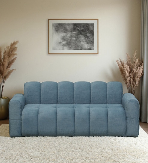 Edelmira Faux Fur Fabric 3 Seater Sofa In Slate Blue Colour