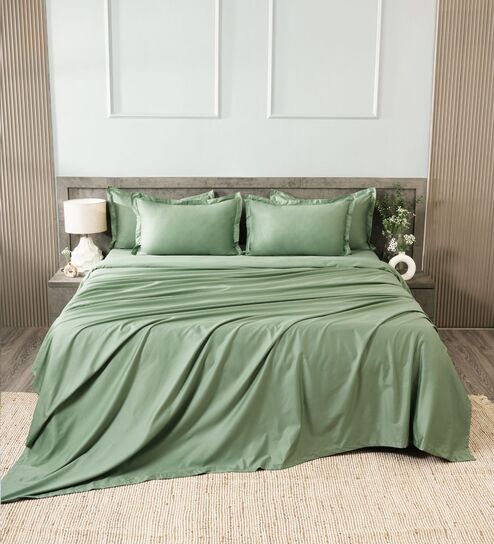 Green 400TC 100% Cotton Solid Flat Super King Bedsheet With 2 Pillow Covers
