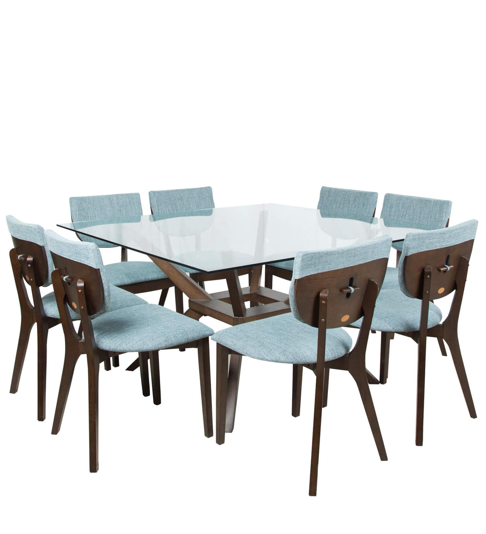 Buy Eight Seater Square Dining Set with Glass Top in Brown & Blue ...