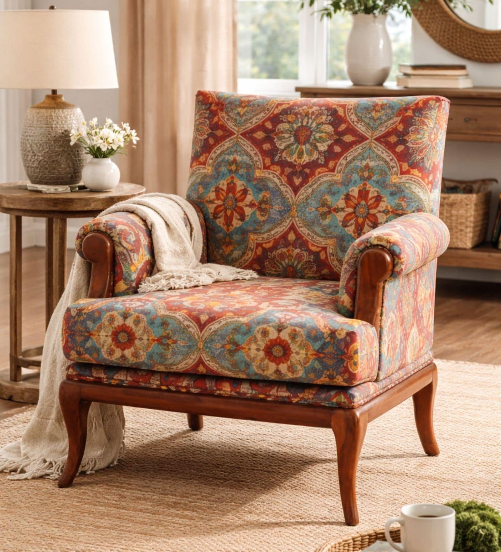Eira Geometric Pattern Teak Wood Arm Chair With Suede Fabric