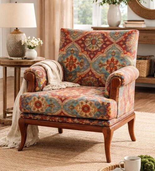 Eira Geometric Pattern Teak Wood Arm Chair With Suede Fabric