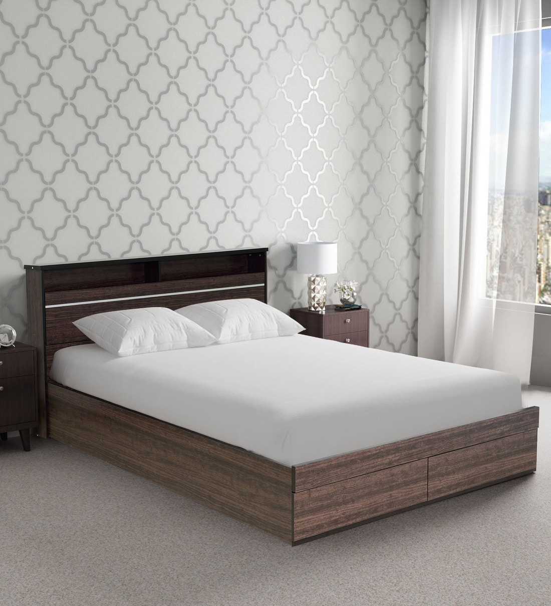 Buy Ekako Queen Size Bed with Storage in Wenge Finish By Mintwud Online