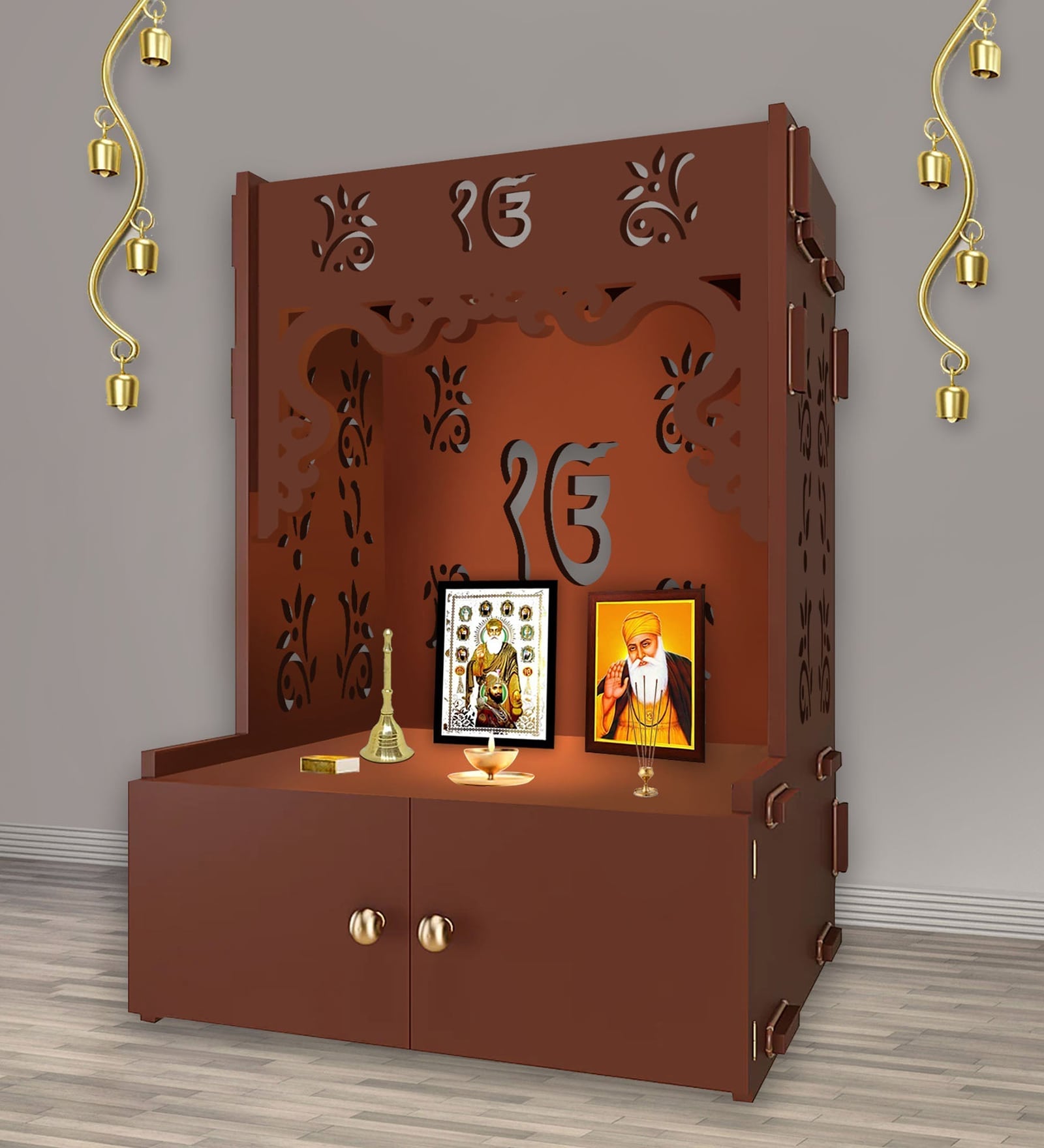 Brown Finish Ek-onkar Holy Symbol Floor Temple with Spacious Wooden Shelf & Inbuilt Focus Light