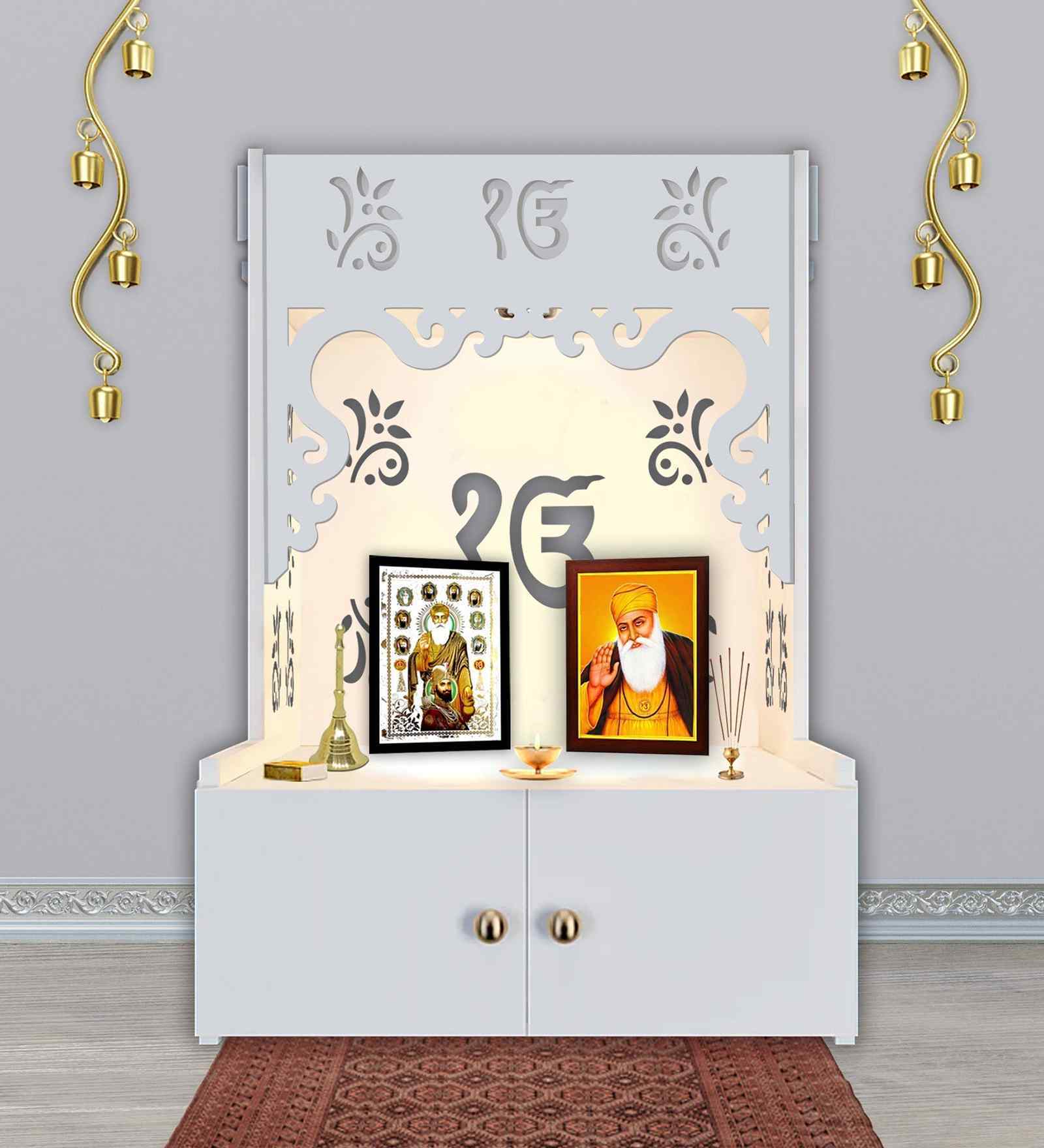 White Finish Ek-onkar Holy Symbol Floor Temple with Spacious Wooden Shelf & Inbuilt Focus Light