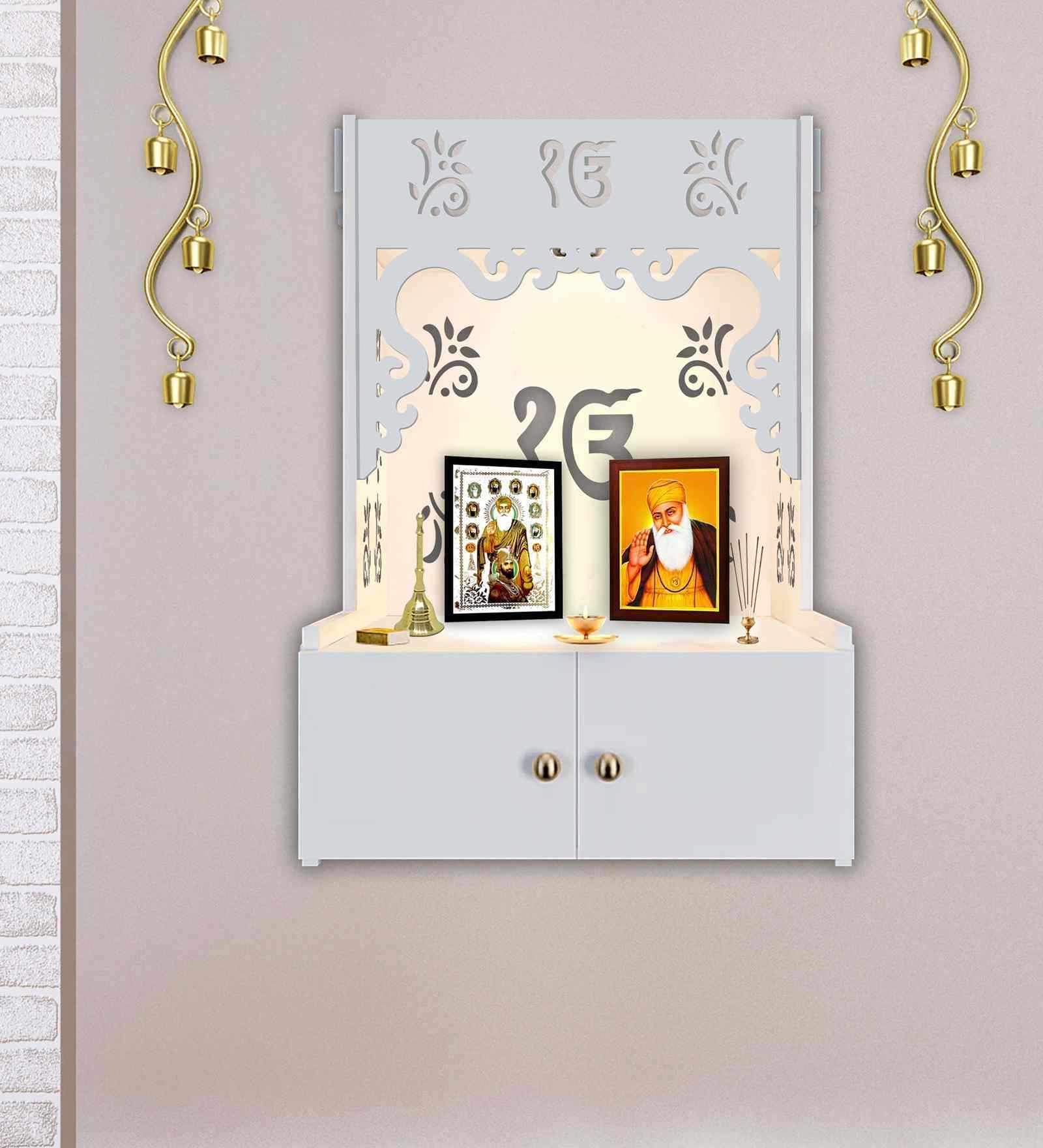 Ek-onkar Holy Symbol White Wooden Wall Temple for Home With Inbuilt focus Lights & Spacious Shelf