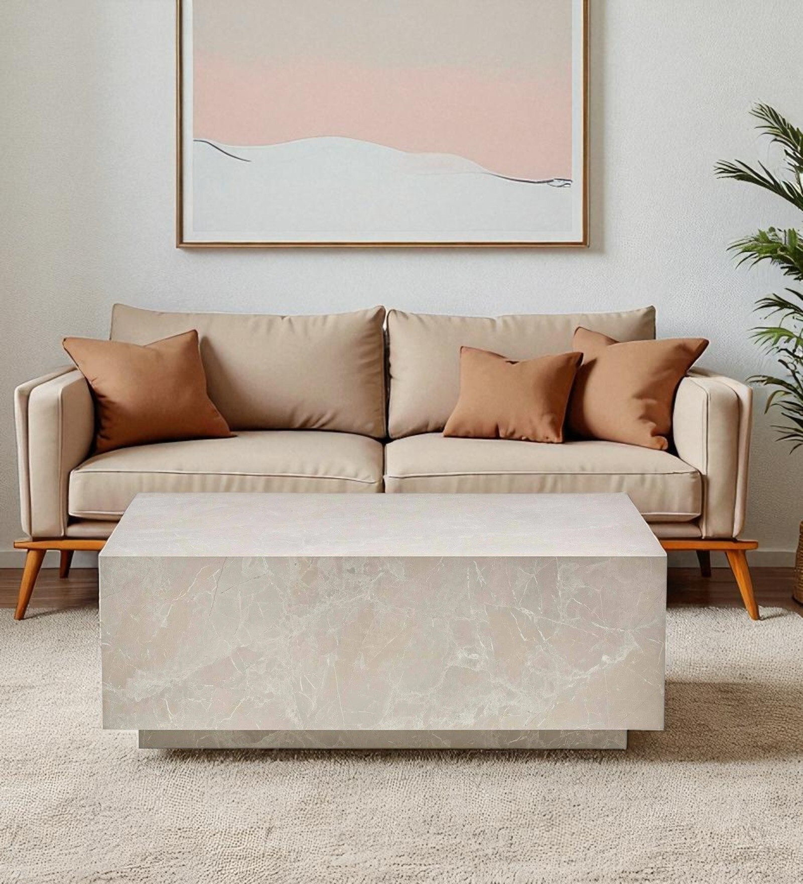 Ekara Sleek Marble Wooden Coffee Table with Stone-Look Finish and Hidden Base Design in Ceramic Colour