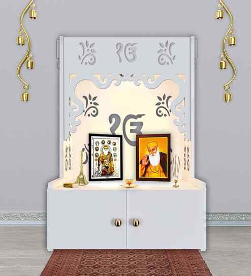 White Finish Ek-onkar Holy Symbol Floor Temple with Spacious Wooden Shelf & Inbuilt Focus Light