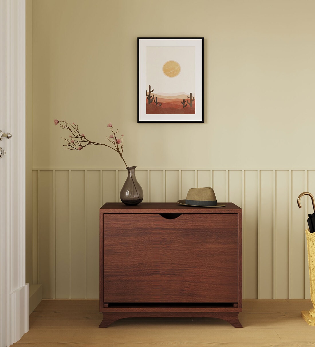 Buy Elderberry Tilt Out Shoe Rack In Walnut Colour With Seating At Off By Raytrees Pepperfry