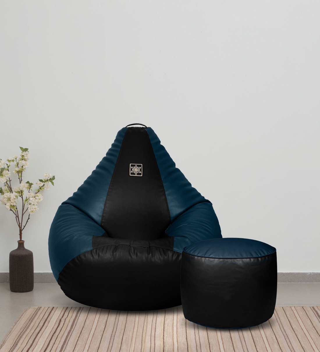 Buy Elegant XXL Bean Bag with Beans with Round Pouffe in Black and Blue