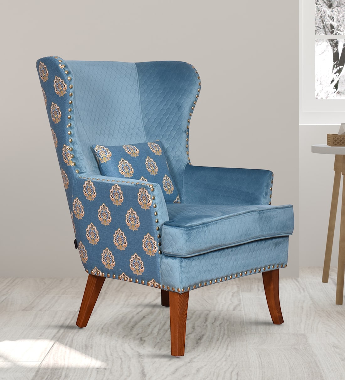 Buy Orlan Fabric Wing Chair In Blue Floral Colour at 3% OFF by ...