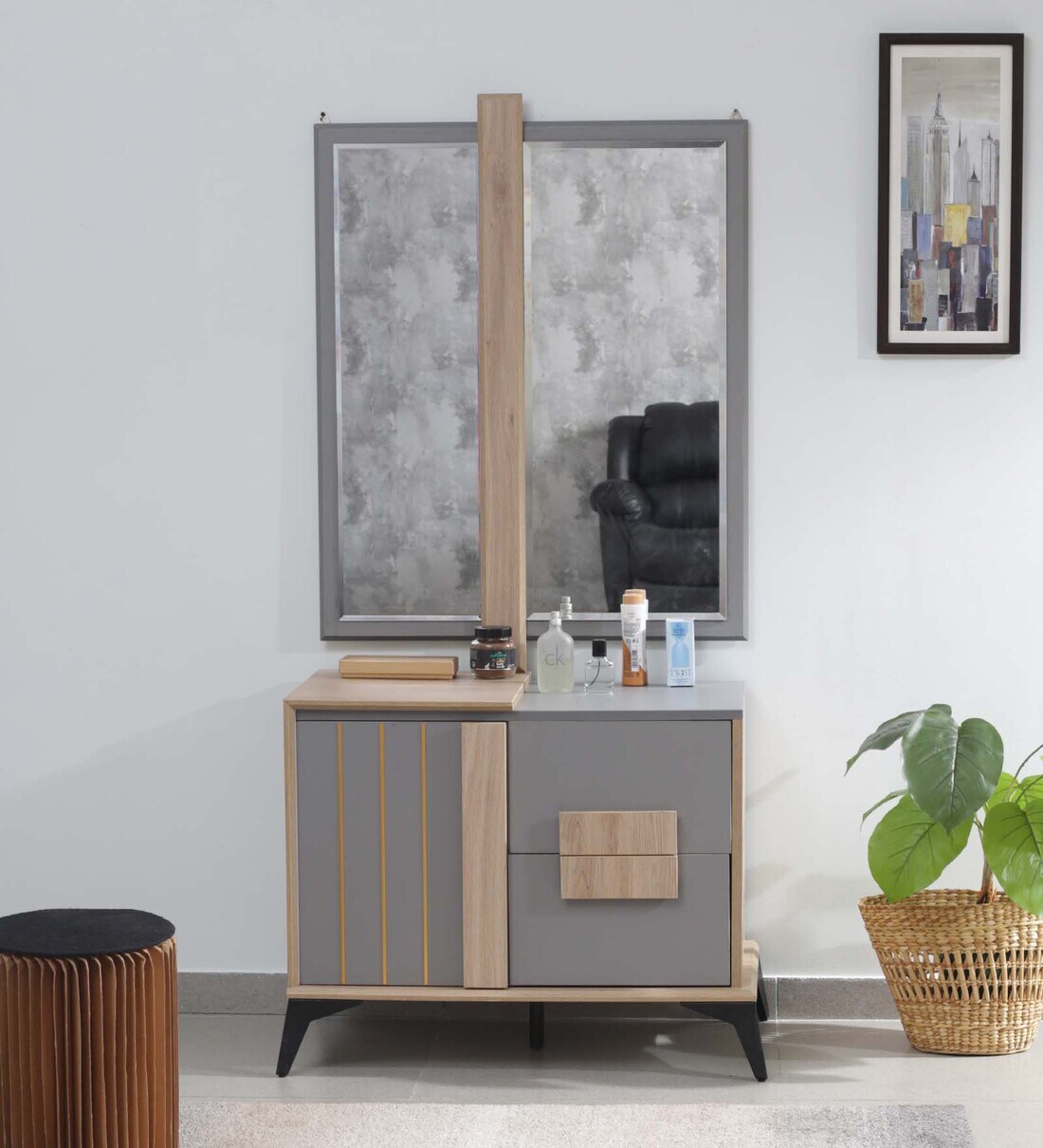 grey and wood dressing table