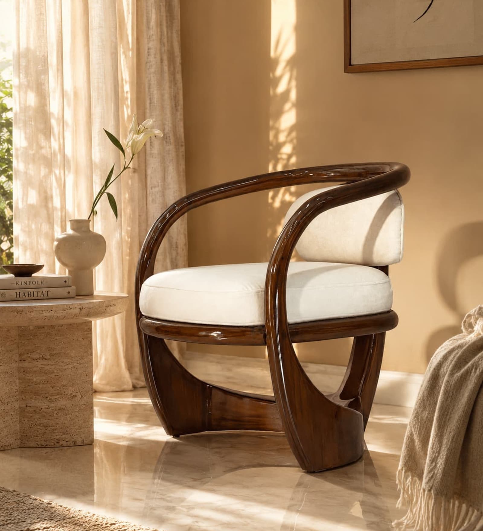 Elan Solid Mahogany Wood Upholstered Accent Chair With Hand-Shaped Arc Frame In Ivory Colour