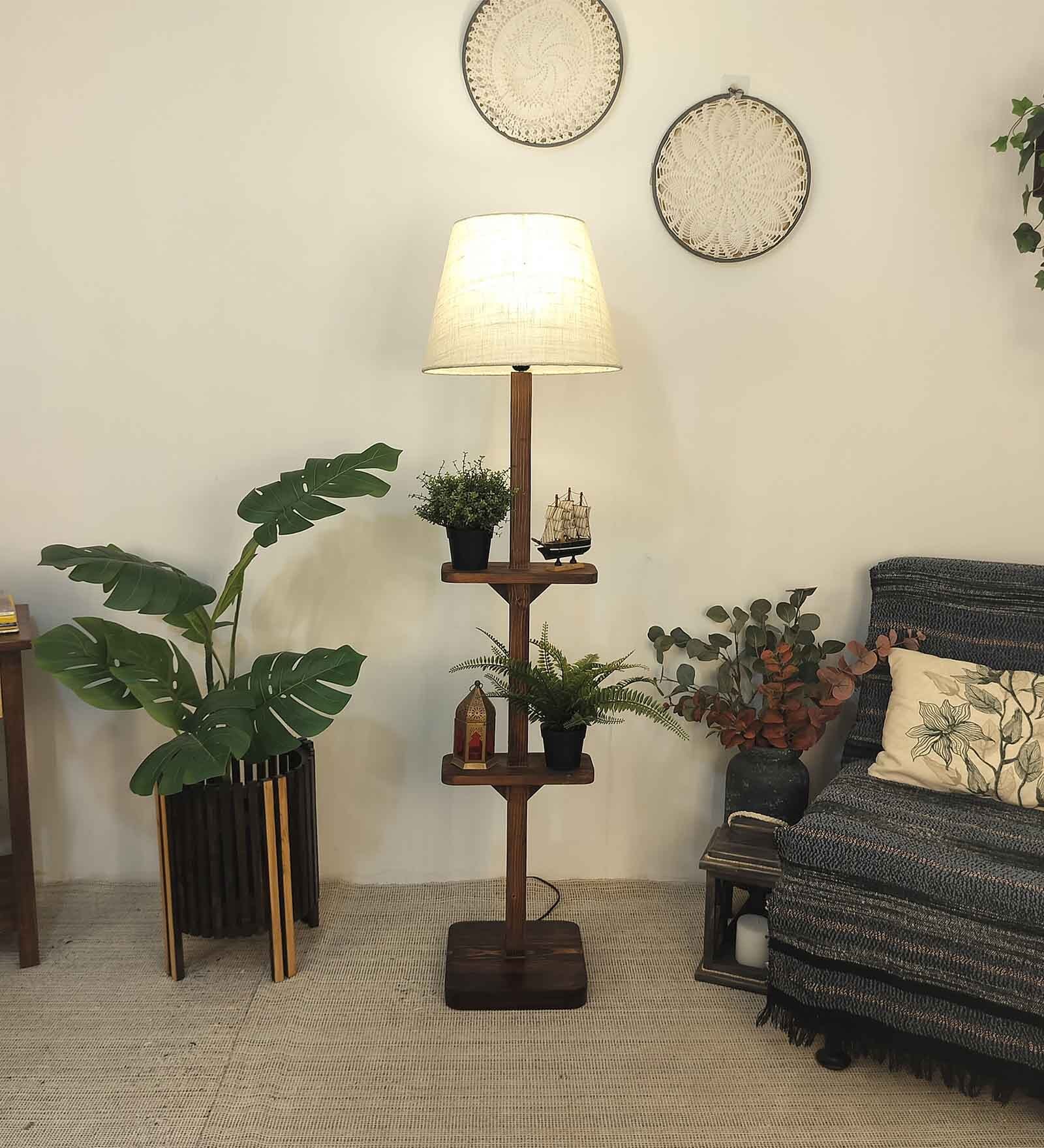 Elania Wooden Floor Lamp with Jute Shade & Brown Base