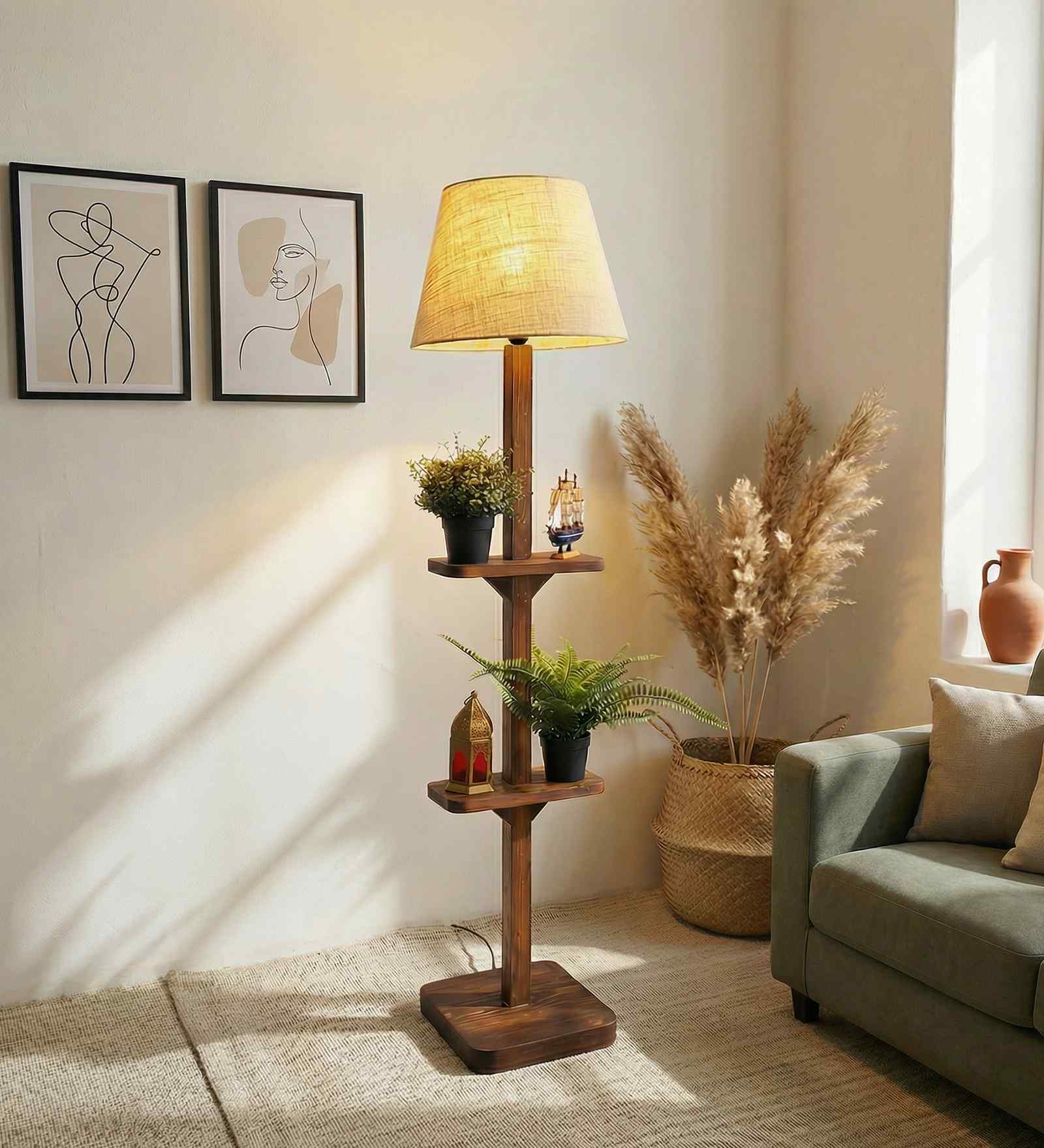 Elania Wooden Floor Lamp with Jute Shade & Brown Base
