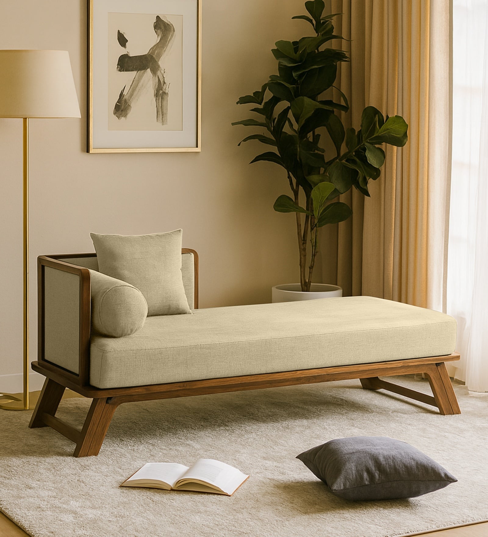 Elano Fabric RHS Sheesham Wood Chaise Lounger In Neut