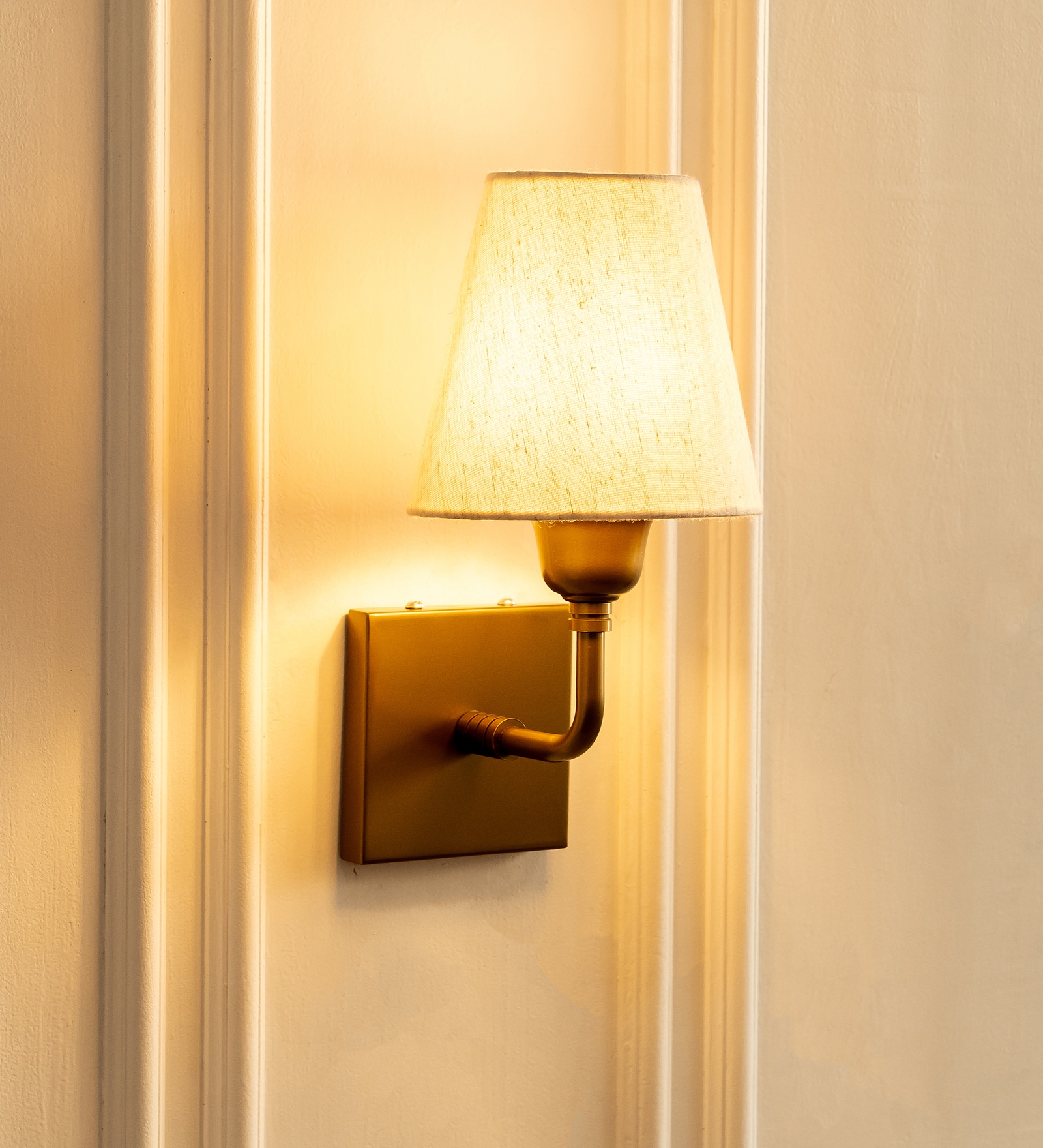 Elbow Wall Lamp Brass Antique Finish with Off White Lampshade